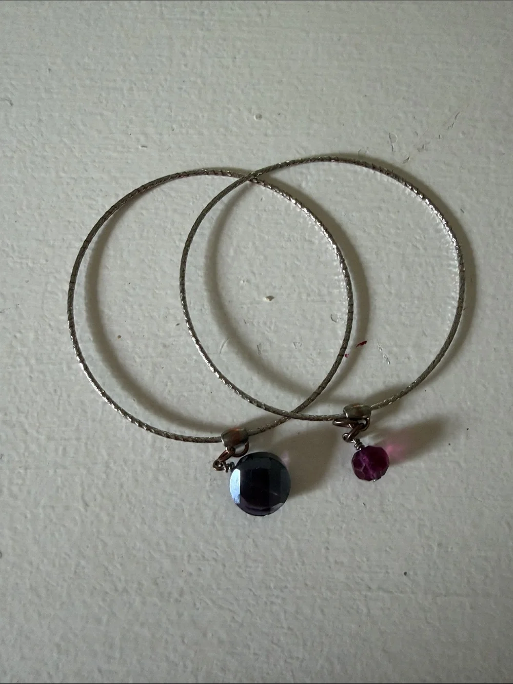 Silver-Tone Hoop Bracelet Set with Purple Gem Charms